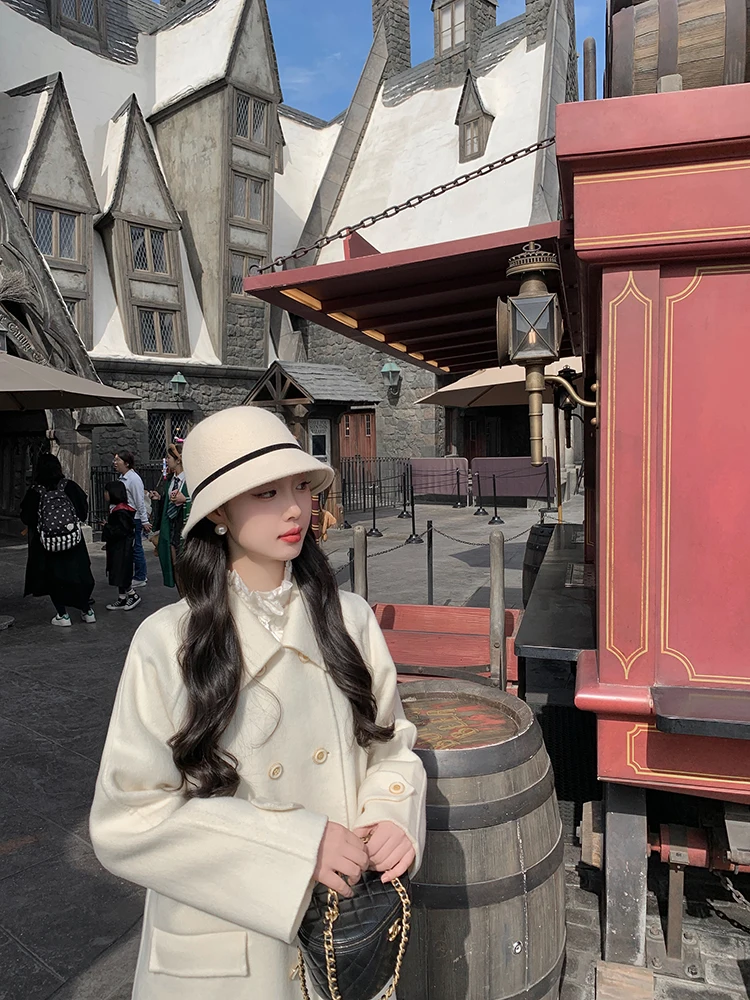 

Lu Jin двустороннее шерстяное пальто с с скандинавскими надписями, белое, осенне-зимнее женское длинное пальто в стиле ретро с застежкой на пуговицы