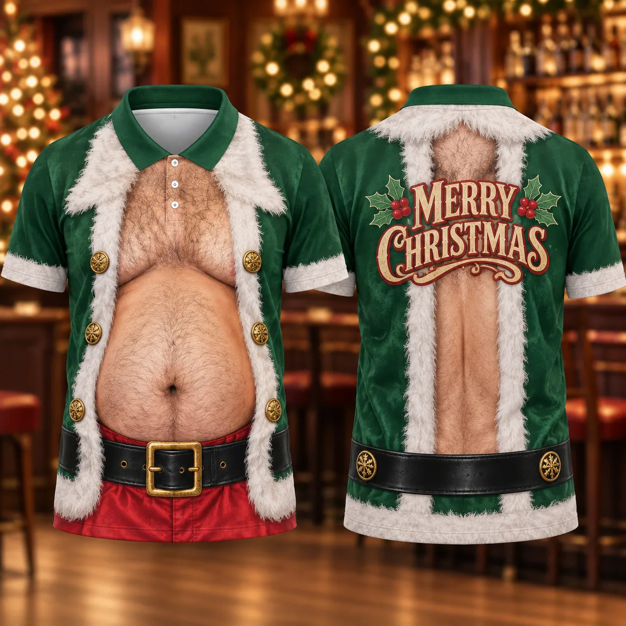 Men's Funny Christmas Polo Shirt Santa Belly 3D Body Print Short Sleeve Costume Holiday Party Golf Top