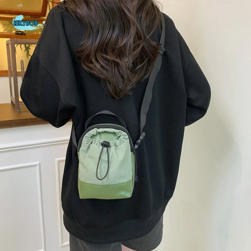 

Drawstring Nylon Shoulder Bag PU Lightweight Phone Bag Adjustable Strap Splicing Color Casual Crossbody Bag Mountain Climbing