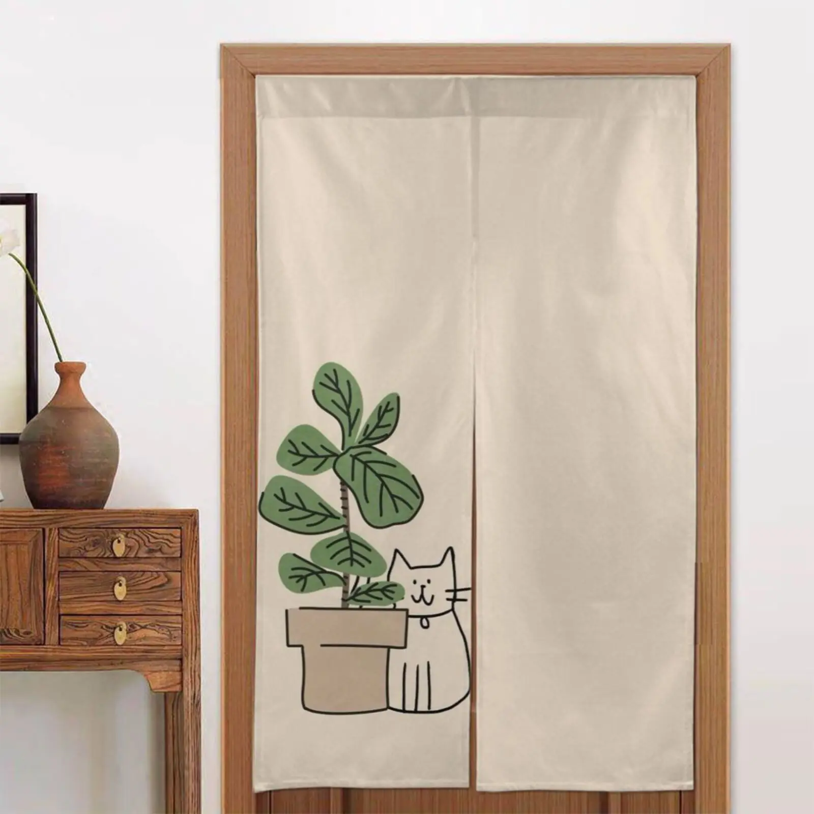 cute cat and plant noren door curtain minimalist design natural green art half panel home decor Suitable for all seasons