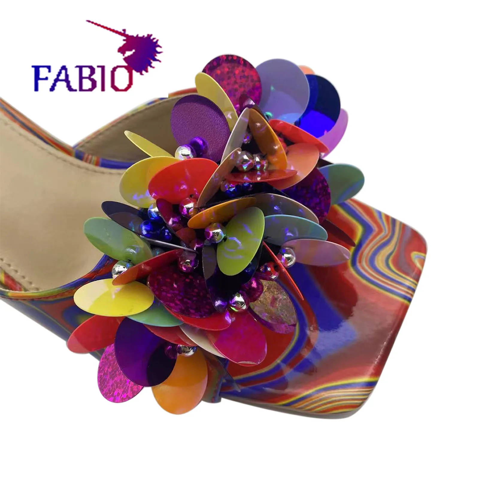 New multicolor medium heel sequin women's slipper casual banquet fashion party women's slipper Italian shoes