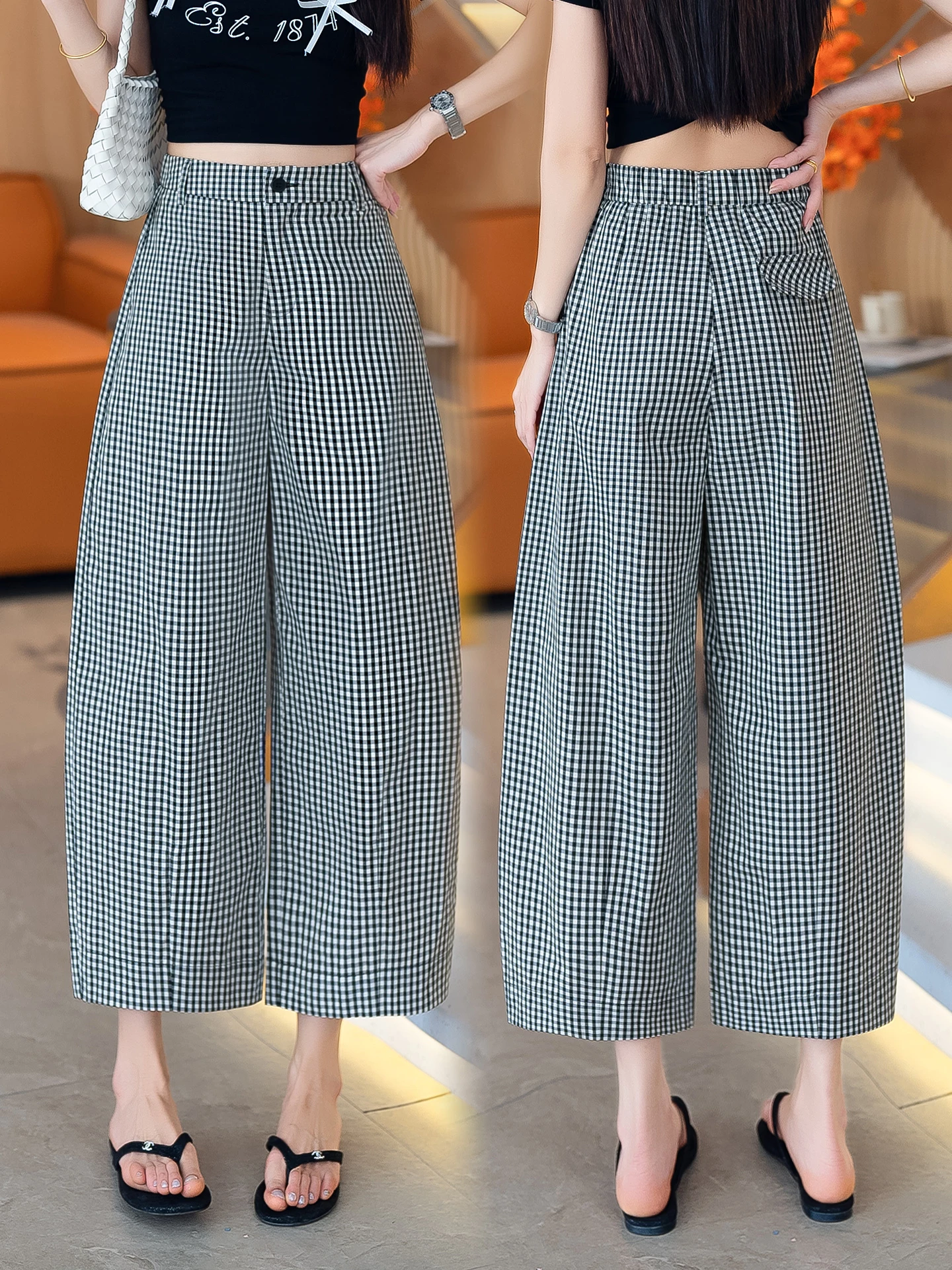 High Waist Loose Fit Summer Thin Cotton Plaid Wide Leg Pants Casual Style Women's Breezy Trousers Fashionable Loose Skinnier