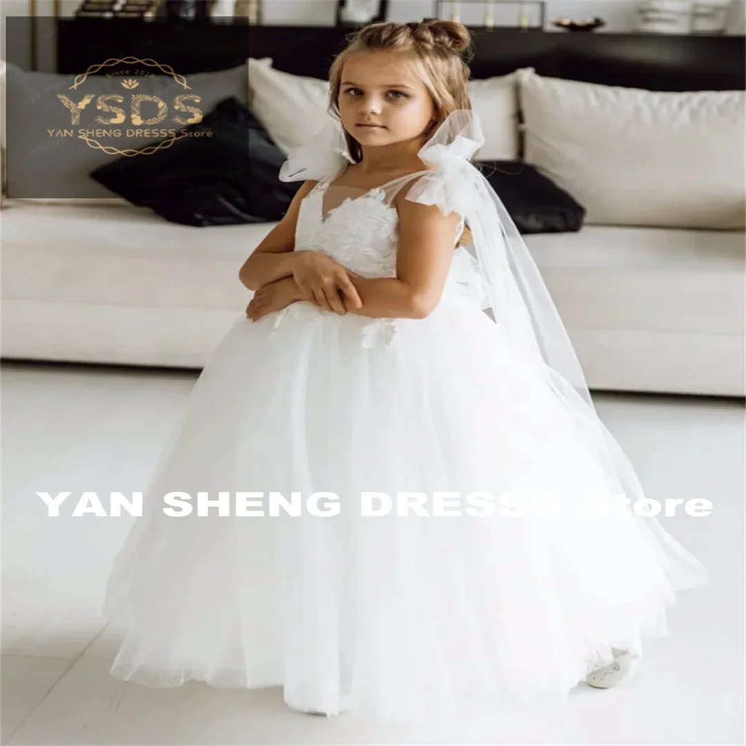 Customized Flower Girl Dresses White Tulle Appliques With Tailing And Bow Shoulder Sleeveless For Wedding Birthday First Communi