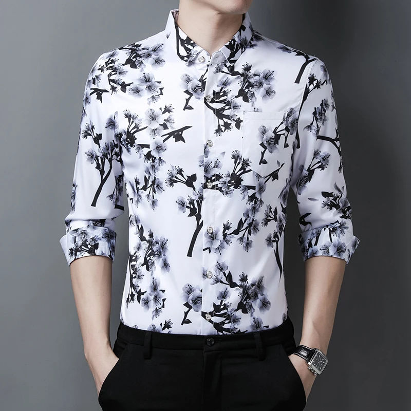 Chinesische Art Tinte Blumen druck Hemd Männer lässig Langarm Frühling hochwertige glatte bequeme Gentleman Camisa Masculina