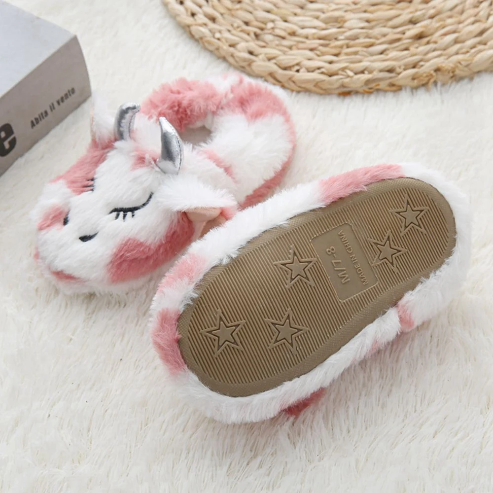 Fashion Toddler Girl Slippers for Winter Baby Loafers Plush Warm Cartoon Cow Rubber Sole Children Home Shoes Kid Indoor Footwear