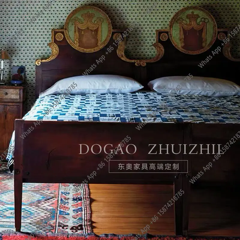 French retro solid wood bed/neoclassical painted bed/American light luxury master bedroom wedding bed/