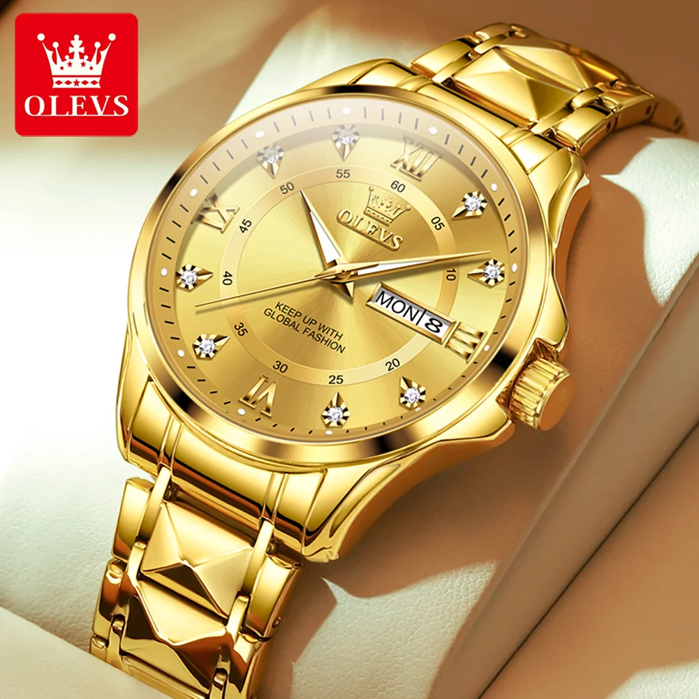 

OLEVS Luxury Brand Original Men's Watches Waterproof Luminous Week Calendar Stainless Steel gold Quartz Watch Fashion Wristwatch