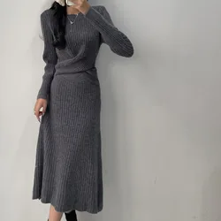 2024 Winter Warm Thicken Warm Knitted Sets For Women Long Sleeve Cross Bandage Tops+high Waist A-line Knitting Skirt Sets 2024