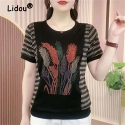 Women Clothing 2024Summer Fashion Bright Silk Patchwork Rhinestone T-shirt Ladies Casual O Neck Short Sleeve Loose Pullover Tops