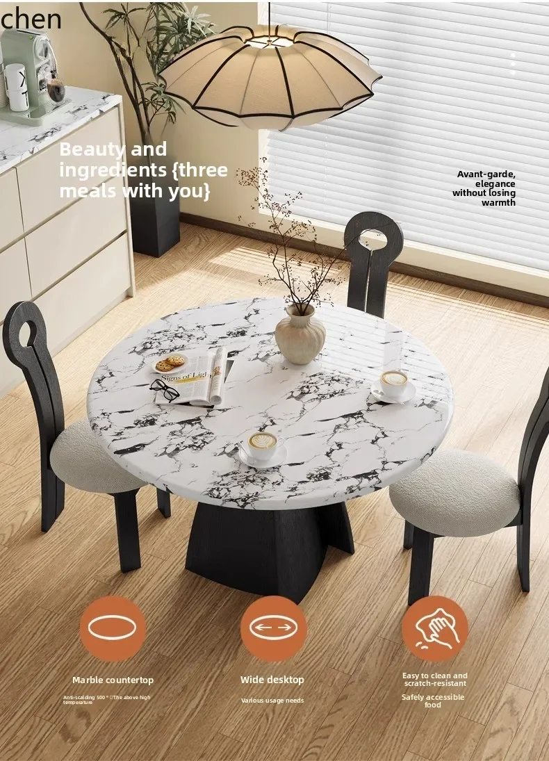 H5.25 antique solid wood dining table household chair small apartment marble round