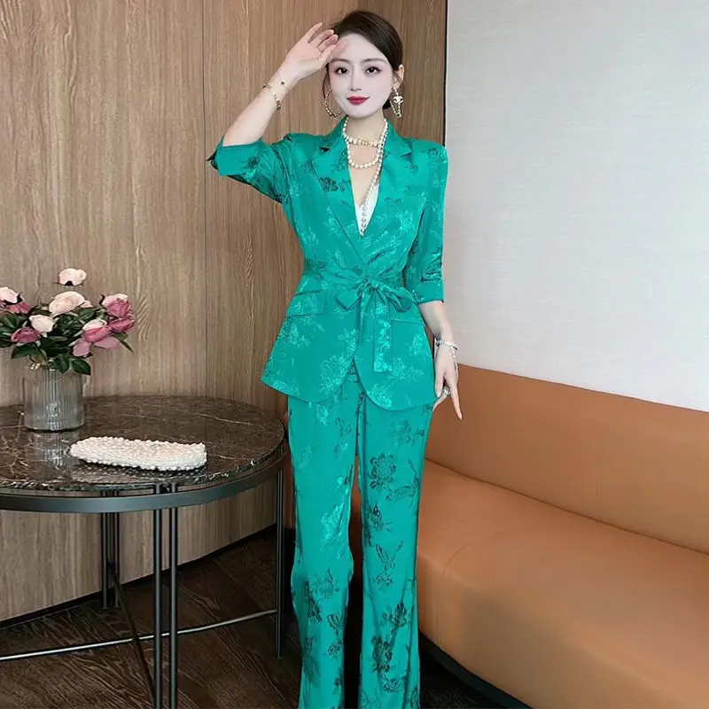 Women Single Button Blazer Coat + Trousers 2022 Summer Fashion Flowers Printing 2 Pieces Suits Ladies Wide Legs Pants Set