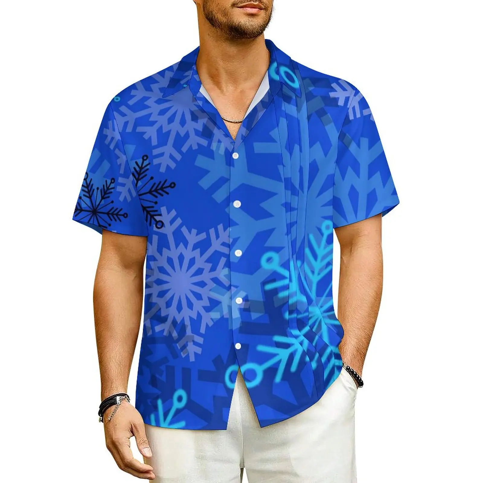 Snowflake Layered Beach Shirt Blue Print Hawaiian Casual Shirts Men Vintage Blouses Short Sleeve Y2K Funny Custom Clothes