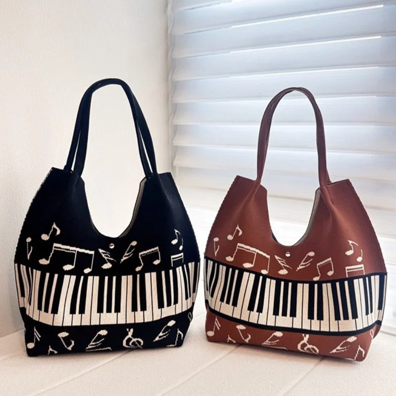 Vintage Piano Pattern Knitted Shoulder Bag Music Note Print Large Capacity Women Tote Bag Casual Daily Commuter Shopping Bag