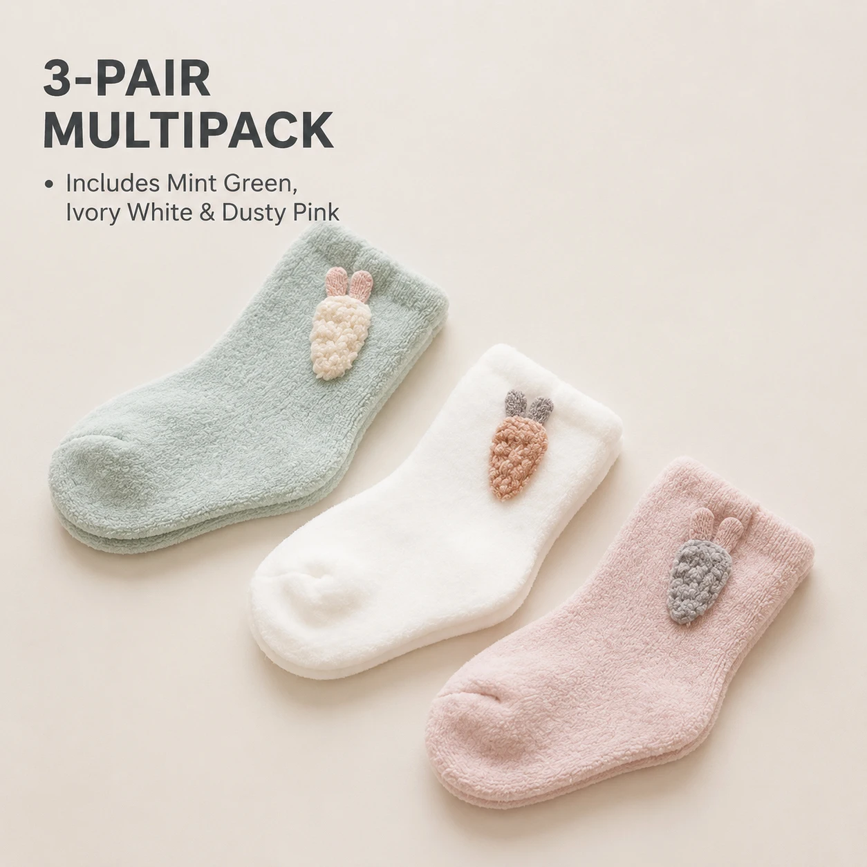 3 Pairs Baby Thick Terry Socks Cute 3D Carrot Decor Mid‑Calf Socks Soft Warm Winter Socks For Newborn Infant Toddler Boys Girls