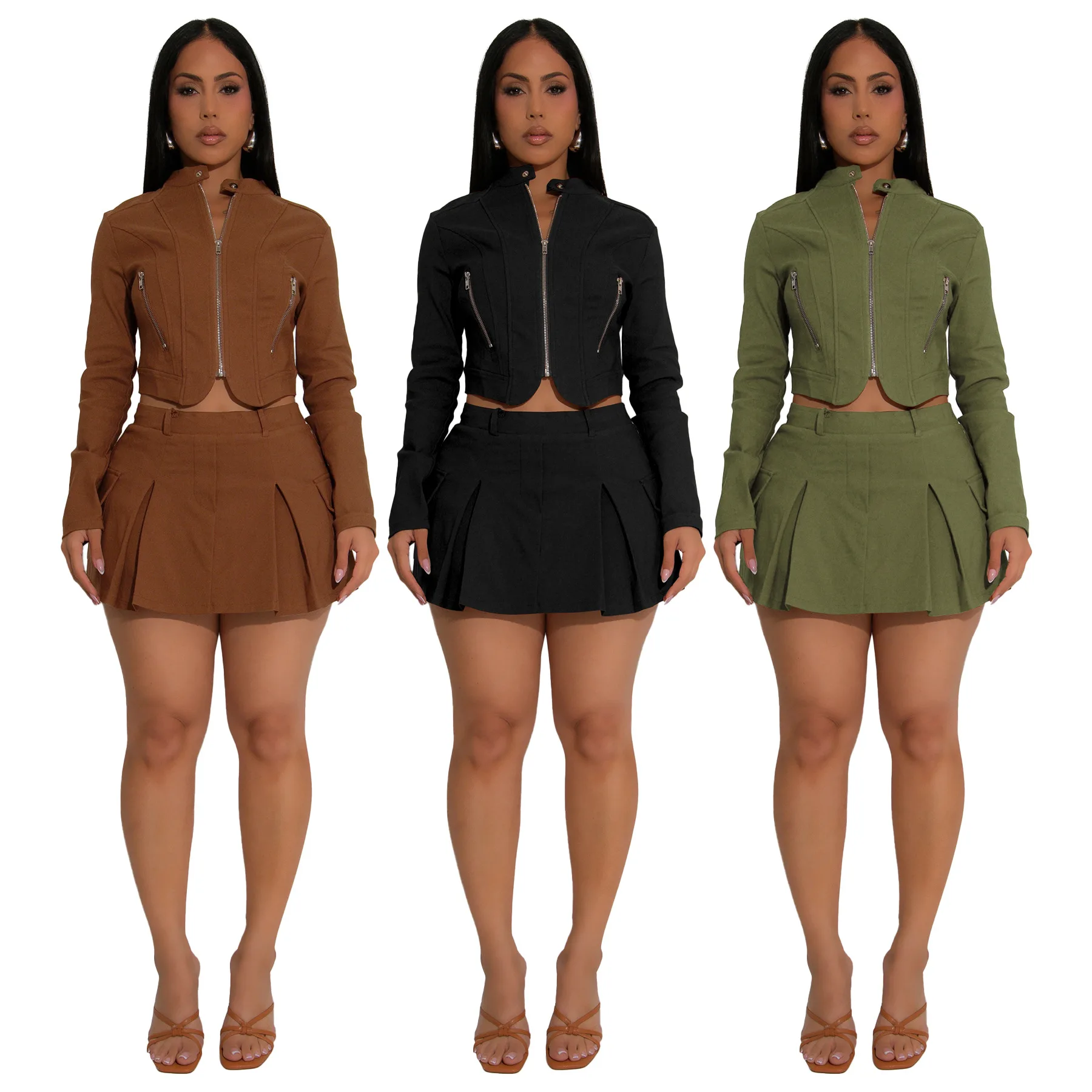 

Women's Solid Color Long Sleeved Zipper V-neck Top Sexy Short Skirt Two-piece Set 2025 Autumn