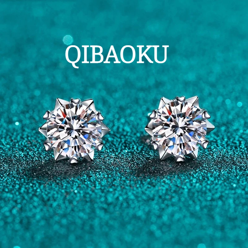 QIBAOKU Moissanite Stud Earrings 1CT 2CT White Gold Plated Sterling Silver Lab Diamond Snowflake Ear Studs For Women 2026