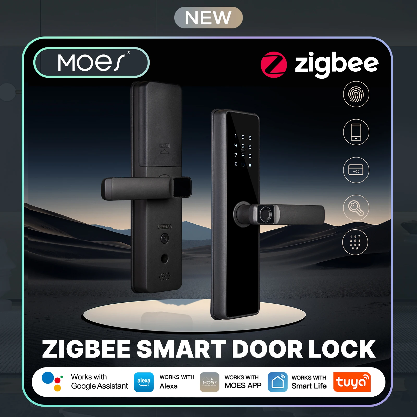 MOES Tuya ZigBee Smart Door Lock Indoor Password Fingerprint Remote Unlock Keycard Tamper Alarm Battery Powered Work With Alexa
