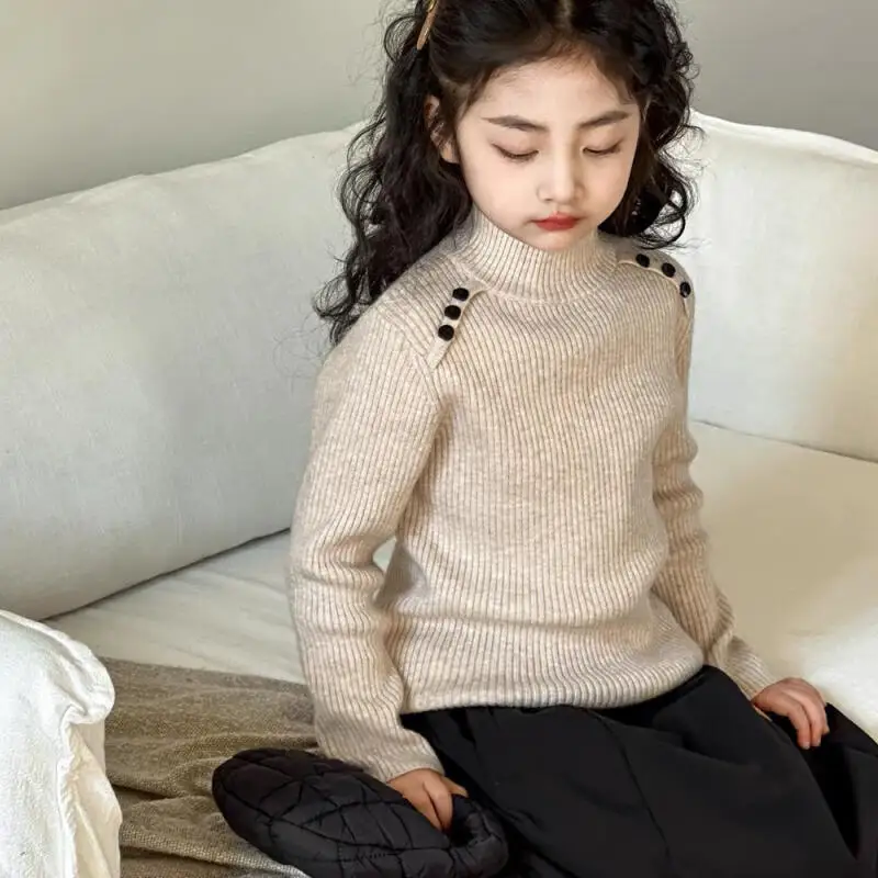 الفتيات الخريف الشتاء محبوك سترة الصلبة طويلة الأكمام قمم الوقوف طوق البلوز مريحة قاع قمصان الأطفال الملابس #5