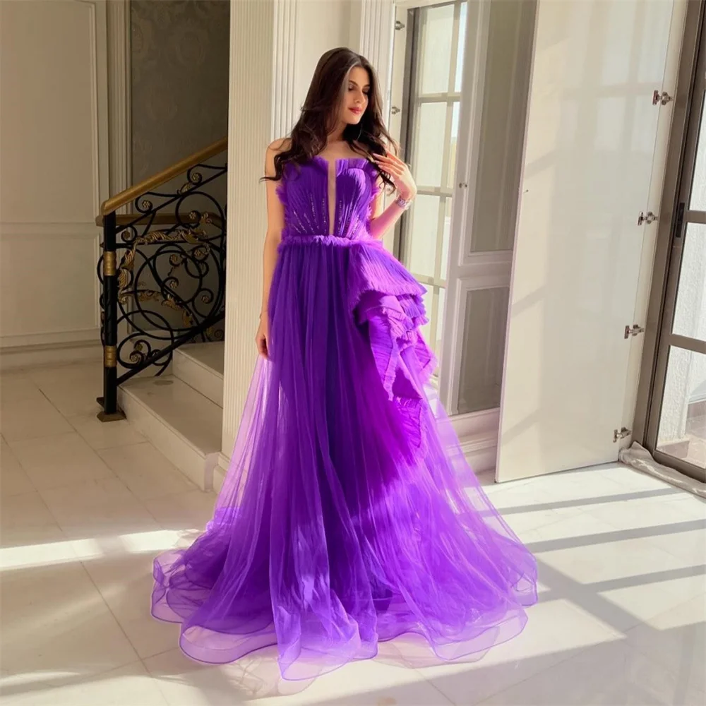 

Customized Saudi Arabia Formal Dress Dearin Strapless A-line Floor Length Skirts Tulle Sleeveless Bespoke Occasion Dresses Prom