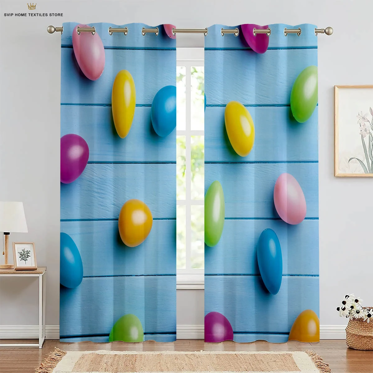 Easter Wooden Colored Egg Cartoon Print Curtain Rod Pocket Bedroom Kitchen Living Room Holiday Decorative Curtain 2 Pieces