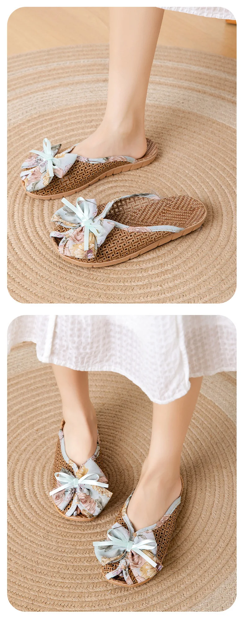 Rattan-Hausschuhe mit Fliege – niedliche Hausschuhe im koreanischen Stil, rutschfeste, atmungsaktive Innensandalen mit weicher Sohle für den Sommer – Detail 10
