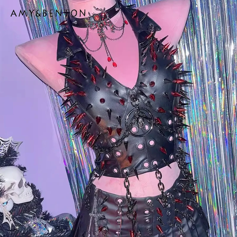 

European American Black Sexy Hot Girl Rivet Punk Women's Sling Original New Sweet Cool Personality Vest Short Skirt Set Ladies