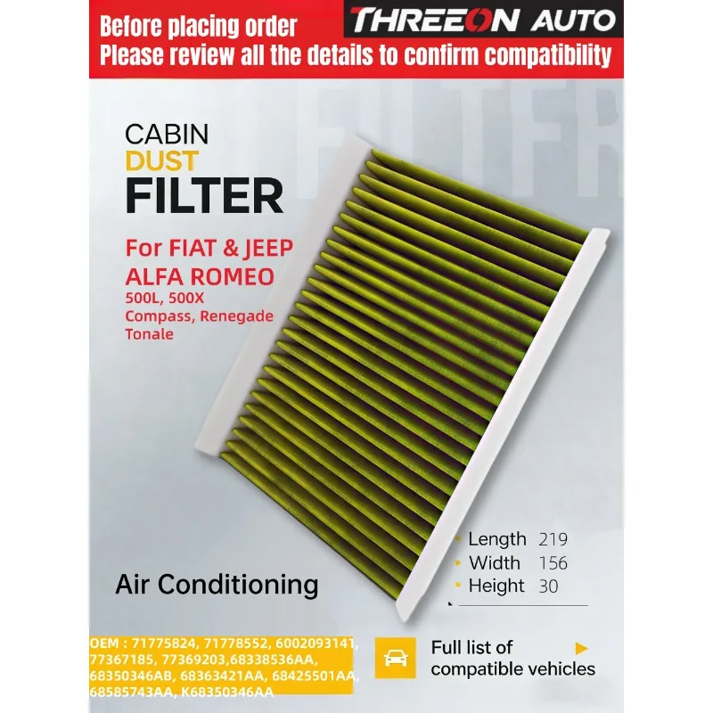 

For ALFA ROMEO Tonale FIAT 500L 500X JEEP Compass(MP M6 MV M7) Renegade SUV VAN DODGE THREEON Cabin Filter TOC25193P 68338536AA
