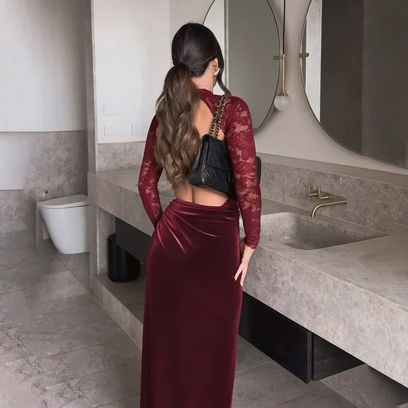 DSMTRC Abito lungo senza schienale a maniche lunghe Vino rosso O Collo Sheer Slit Club Party Abiti lunghi Donna Patchwork di pizzo Velluto Abito maxi sexy