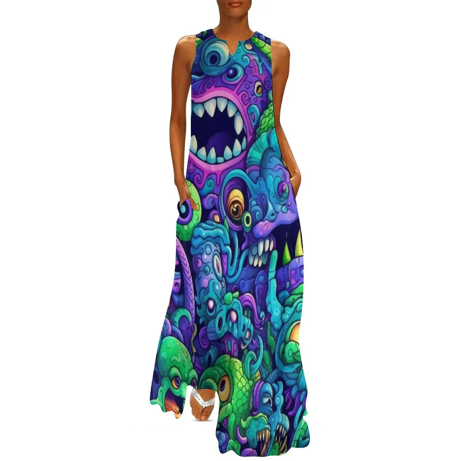 Alien Demon Colorful Doodle Pattern Long Dress Party dresses wedding dresses for woman Long dress woman