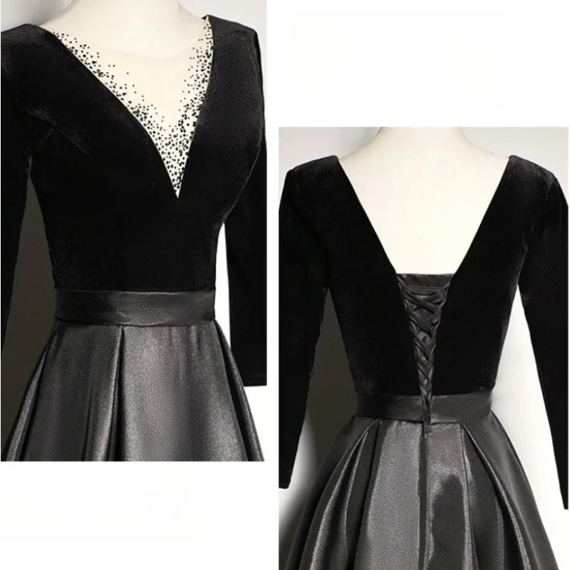 Robe de soirée plissée en velours noir pour femmes, rétro, Sexy, manches longues, col carré, taille haute, queue de poisson, nouvelle collection automne hiver