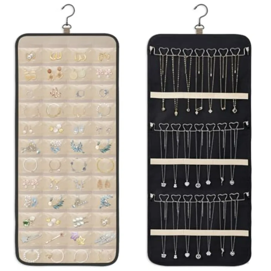 

Double-Sided Hanging Jewelry Organizer, Large Storage Roll for Earrings, Necklaces, Rings, 48 Pockets 21 Hooks, Durable Oxford