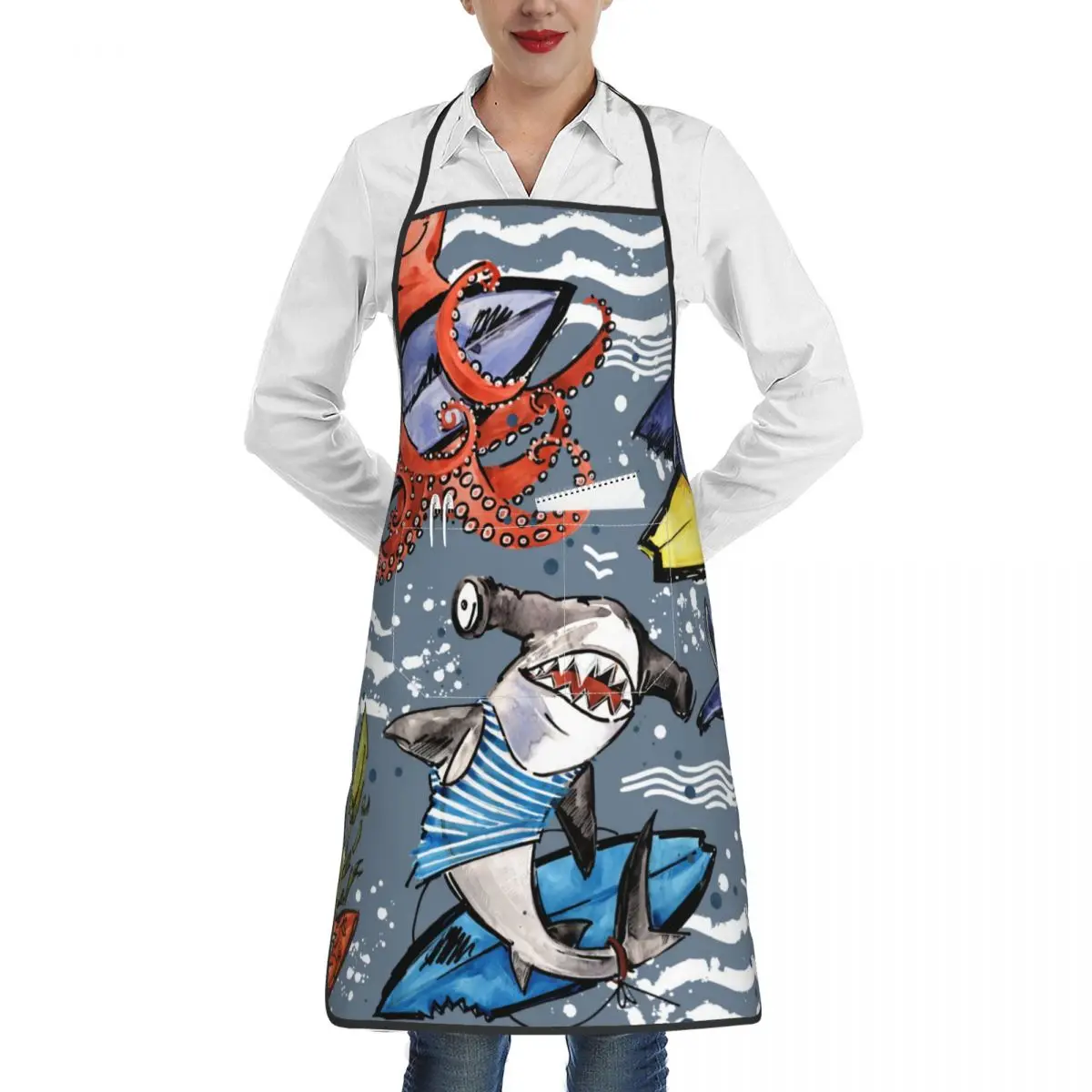 Cooking Baking Apron Ocean Octopus Shark Surfing Kitchen Restaurant Sleeveless Household Cleaning Tool Merchandises