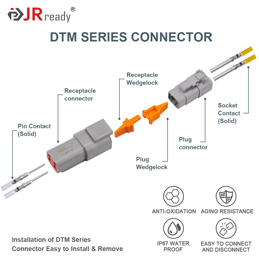 JRready ST6332 Deutsch DTM Connector Kit, 2 3 4 6 8 12 Pin Gray Waterproof DTM Connectors, Size 20 Solid Contact 16-22AWG