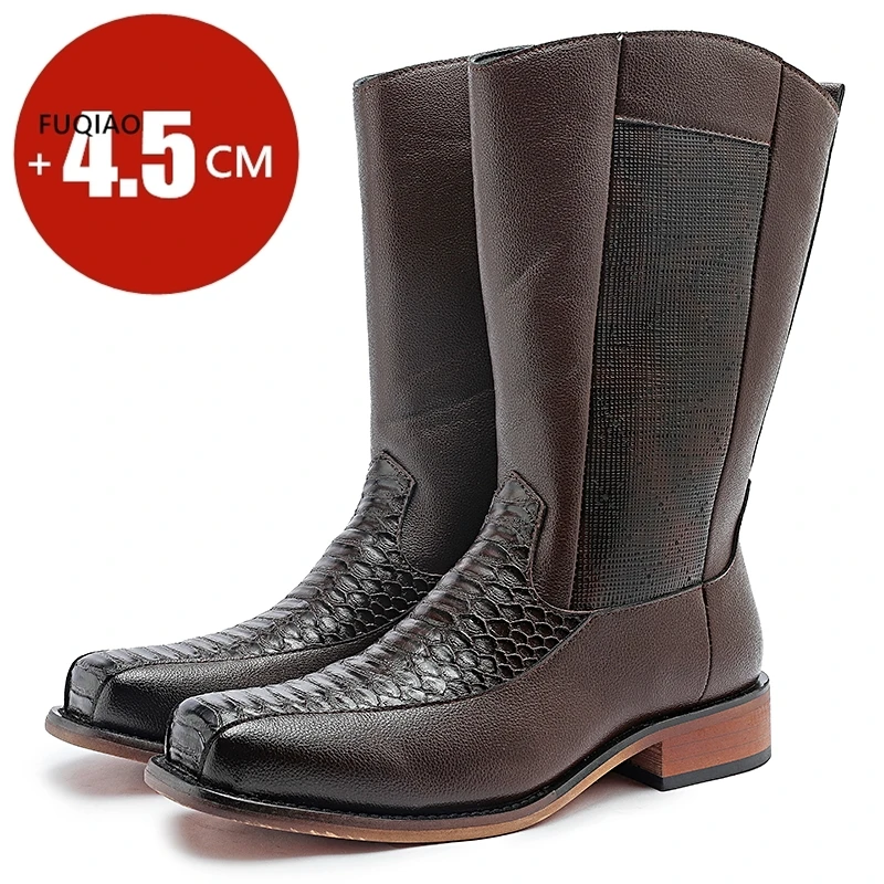 

Men 4.5cm High Heel Leather Boots Autumn Winter Zipper Cowboy Boots Men Casual Fashion Comfortable Mid-Calf Western Boots