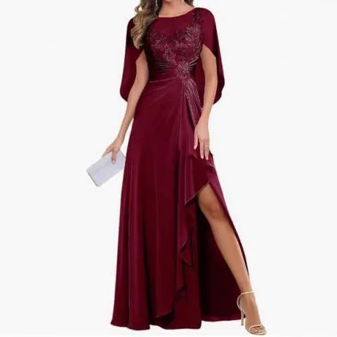 QMANSHA Maßgeschneidertes Abendkleid in Übergröße mit Schalärmeln, Spitze, figurbetontem Schnitt, Rüschen, Chiffon, hohem Schlitz, Hochzeitskleid, Partykleider – Detail 9