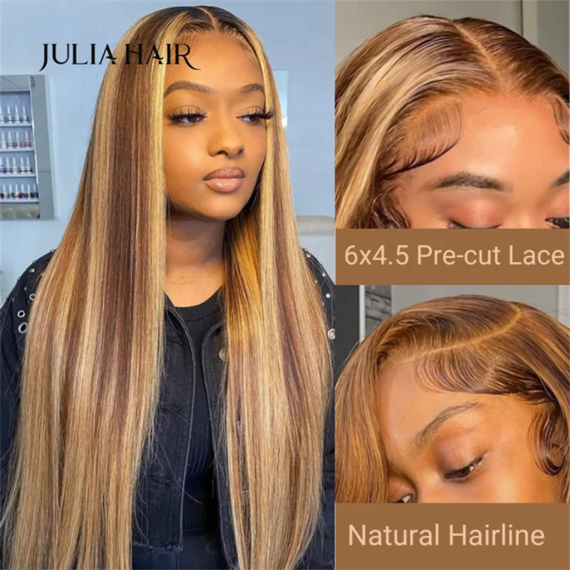 Julia Hair Wear Go Pre Cut 6x4.5 Lace Closure Blond Highlight Straight Quick & Easy Glueless With Breathable Cap Air Wig