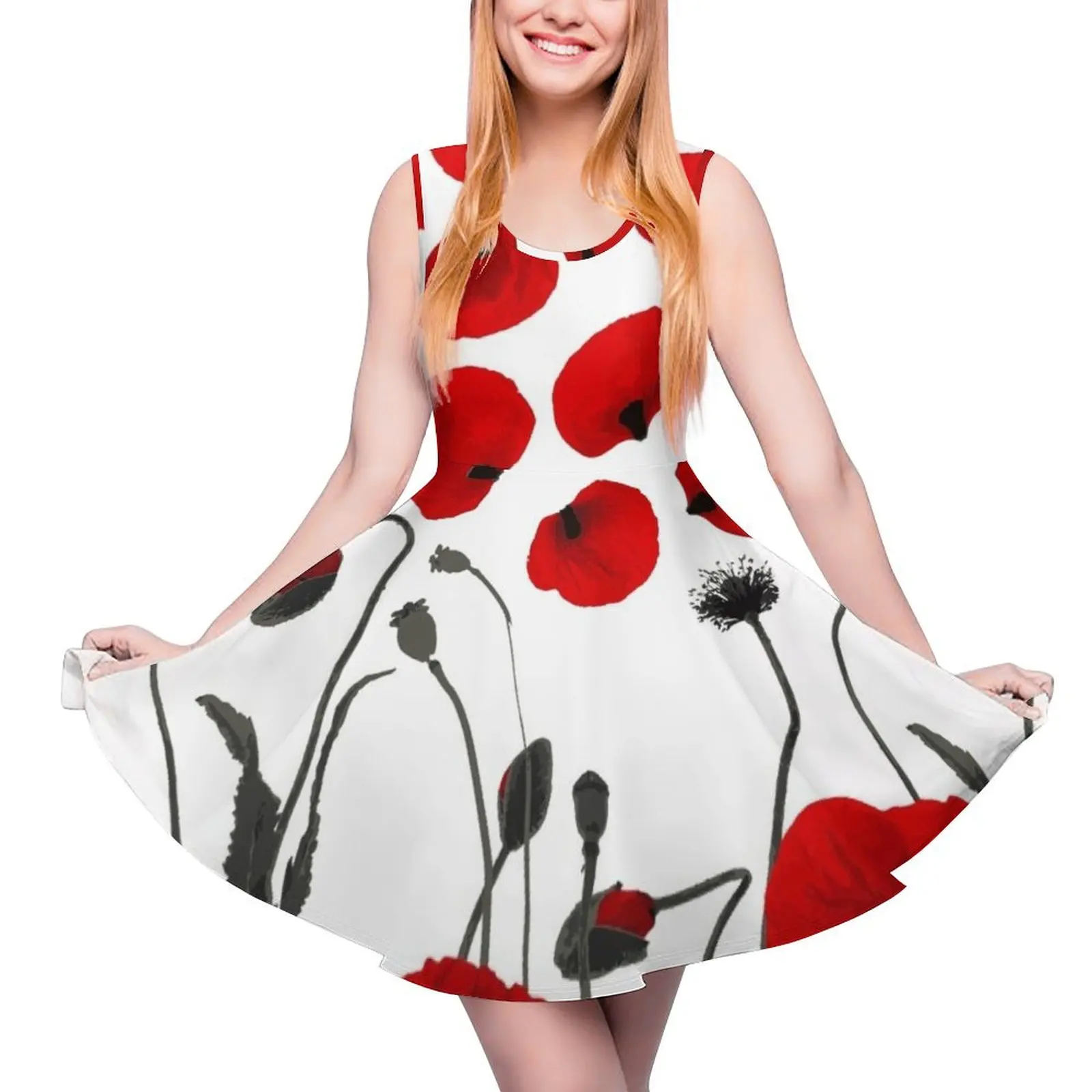 

Modern Black and Red Flowers and Petals Sleeveless Dress Women"s summer skirt