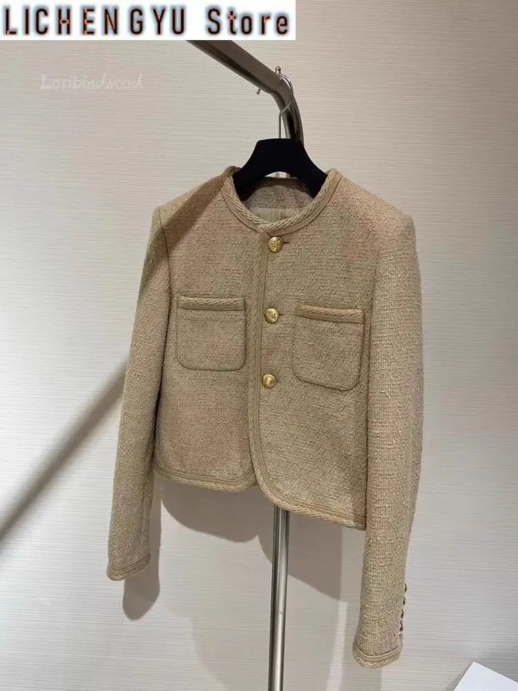 Chaqueta corta de Tweed francés para mujer, abrigo pequeño de fragancia de Color Camel, chaqueta delgada informal de moda, alta calidad, nuevo