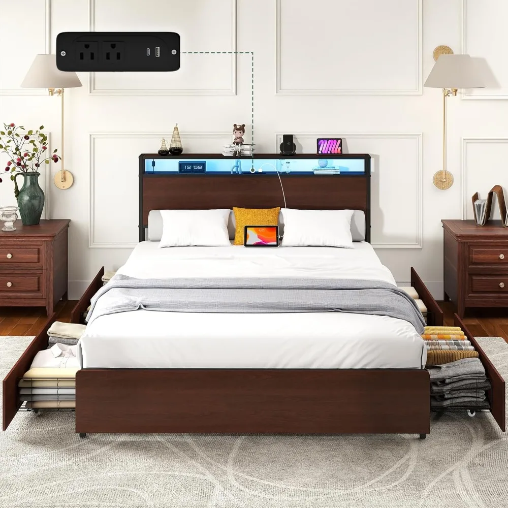 

Queen/Full Size Bed Frame with 4 Storage Drawers & 2 Tier Storage LED Light Headboard, Noise-Free, No Box Spring Required