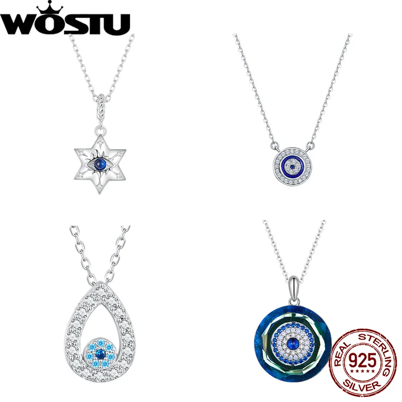 WOSTU Original 925 Sterling Silver Blue Crystal Starburst Demon Eye Necklace Chain With Zircon For Women Party Gift Fine Jewelry