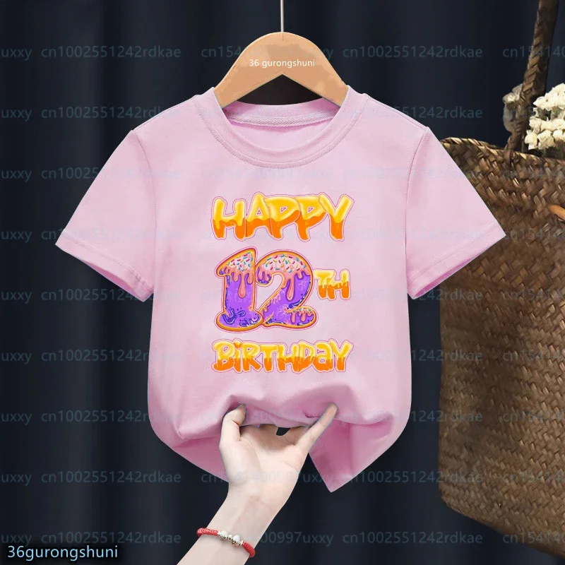 T-shirt untuk anak perempuan lucu donat angka ulang tahun cetak 1-12 tahun anak perempuan Tshirts atasan lengan pendek musim panas anak-anak