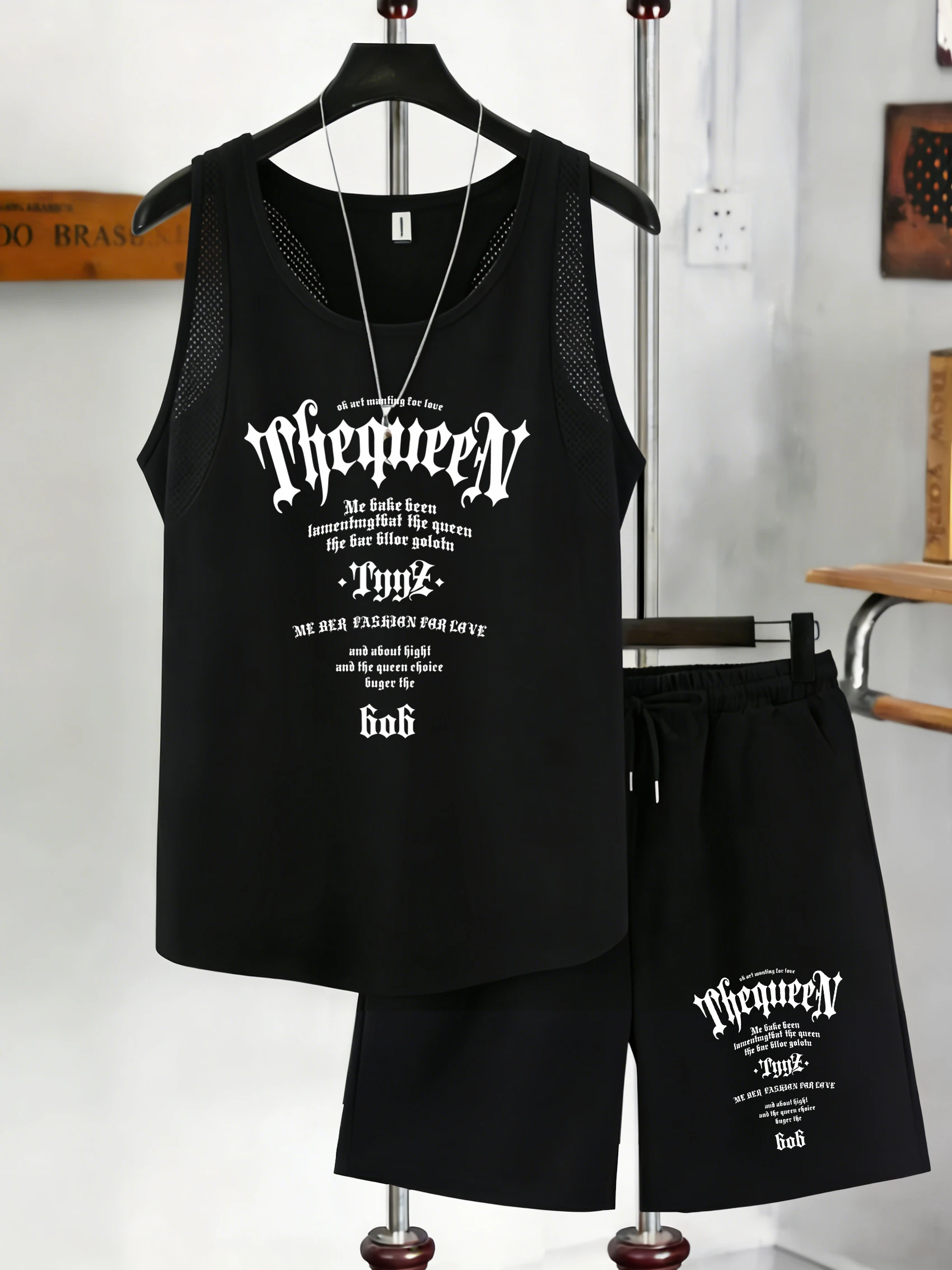 

Medieval Style Writing Design Men Reticular Vest Set Fashion Vintage Shorts Summer Soft Basics Tank Unisex O-Neck Clothing