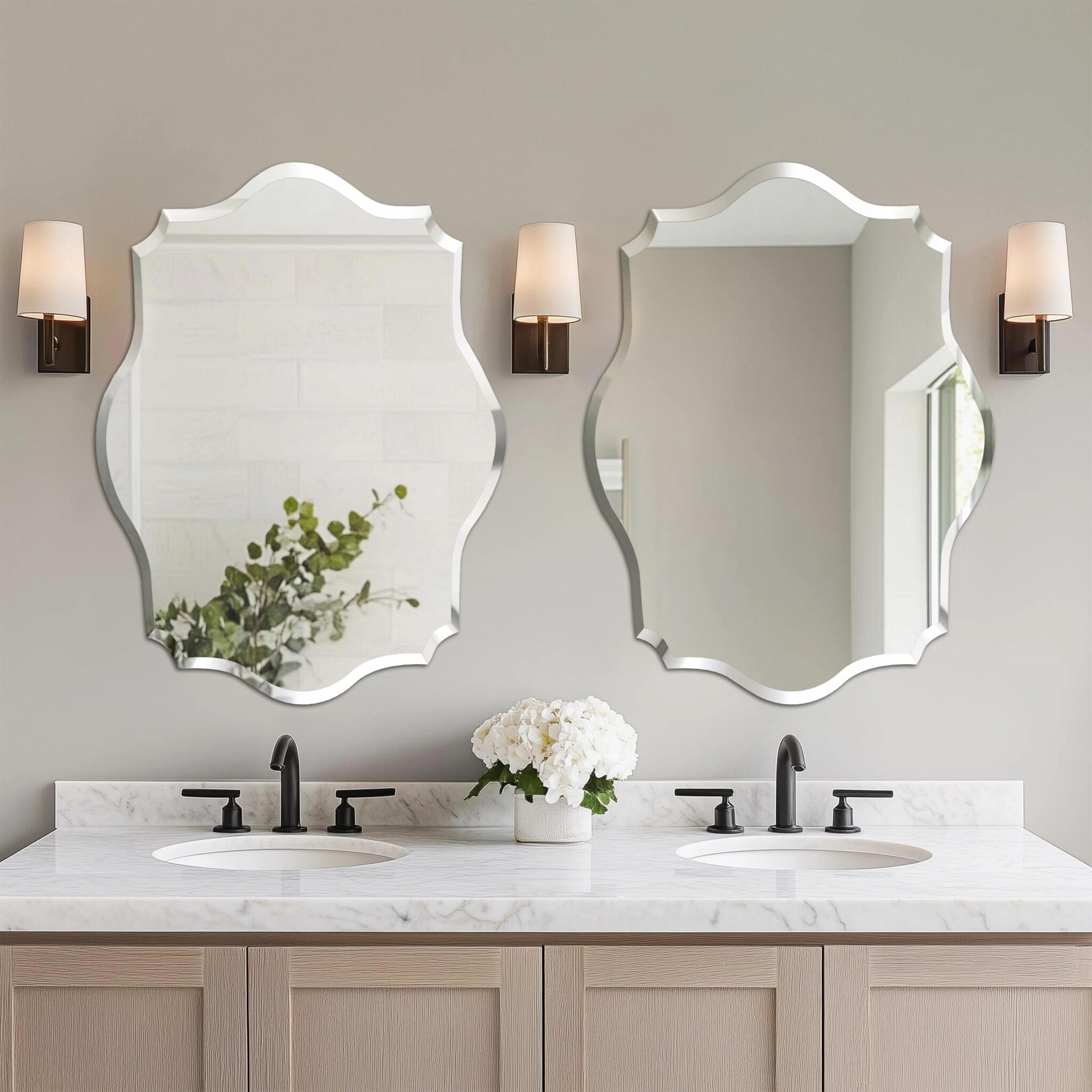 Wisfor Wall Mirror Scalloped Frameless Beveled Edge Polished for Bathroom, Living Room, Vanity, Bedroom, Slive Mirror