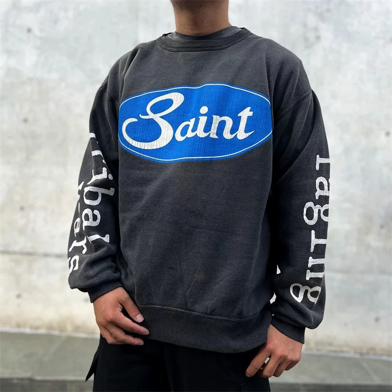 Vintage High-quality Printed Pure Cotton Retro Round Neck Fleece Hoodie High Street Casual Loose Japanese Streetwear Oversize