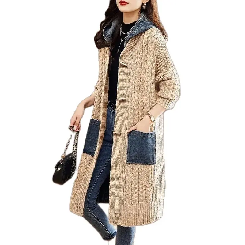 

Denim Splicing Cardigan Medium Long Ladies Coat Autumn And Winter New Jacket Thick Warm Thick Coat Sweater Fashion Coat Outside