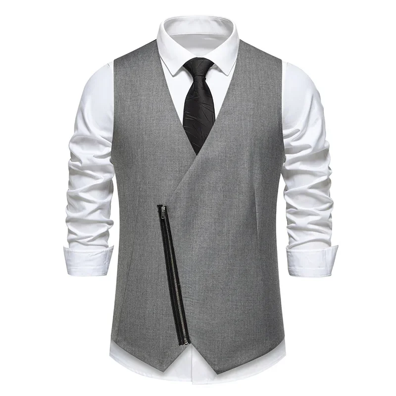 Men's New Autumn and Winter Fashion Solid Color V-neck Oblique Placket Zipper Suit Vest，British Slim-fit Casual Suit Waistcoat