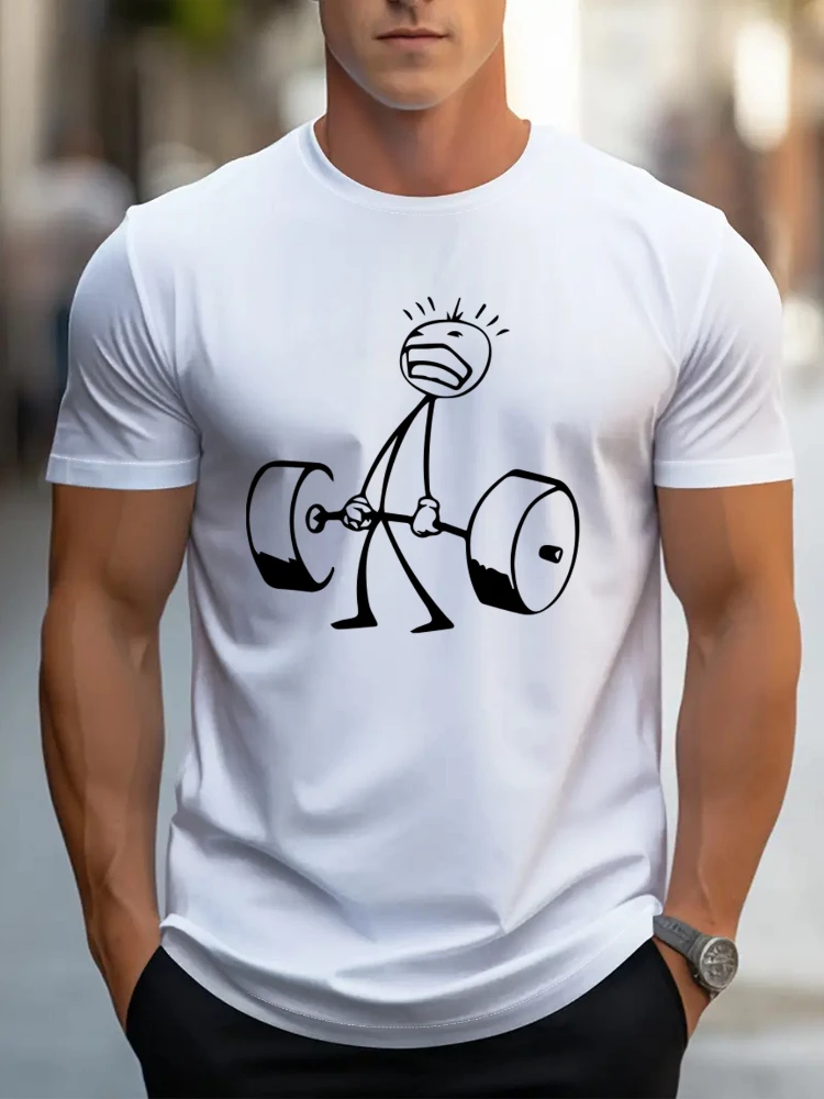 Men's graphic weight-lifting T-shirt, casual street style with black dumbbell design cotton round neck short-sleeved T-shirt.
