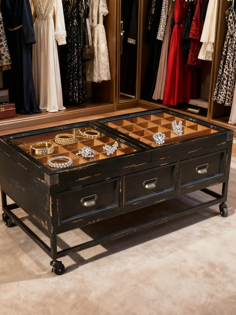 Creative antique solid wood retro double-sided six-drawer multi-grid treasure cabinet coffee table coffee table