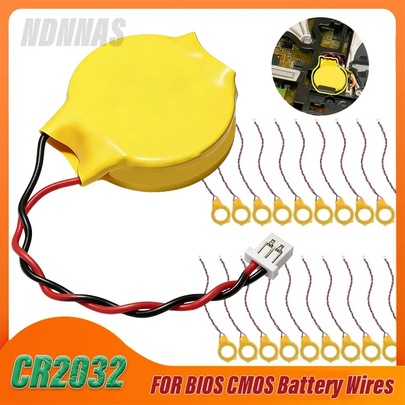 Cables de batería CR2032 de 2 pines para BIOS de portátil, batería CMOS, batería de placa base de portátil, 3V con adhesivo, 230MAH, batería, pilas