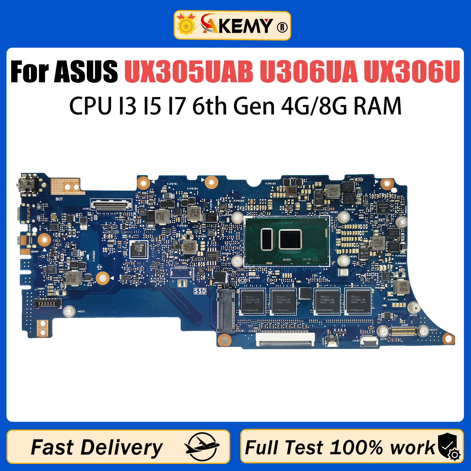 AKEMY UX305UAB Mainboard For ASUS U306UA UX306U UX306 Laptop Motherboard With i3-6100U i5-6200U i7-6500U CPU 4G/8G-RAM